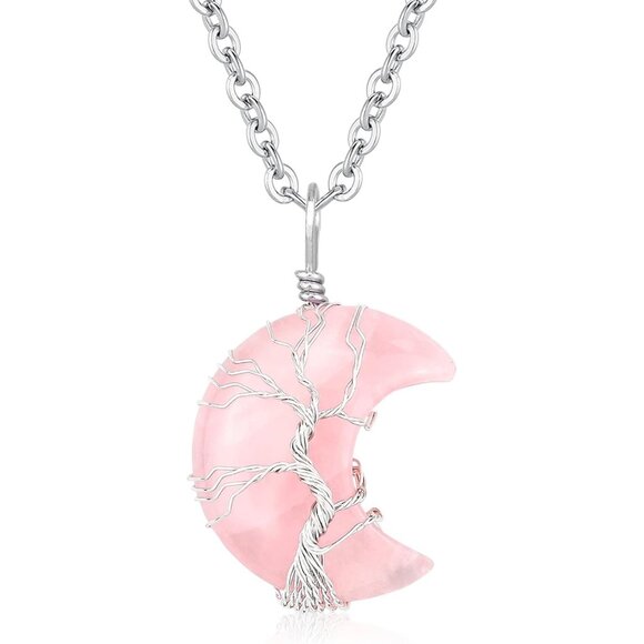 Women's Light Pink Moon Crescent Tree Wire Wrapped Natural Crystal Necklace - Picture 1 of 8